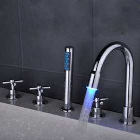 Contemporary Color Changing LED Waterfall Widespread Tub Faucet with Hand Shower T0463F Contemporary Color Changing LED Waterfall Widespread Tub Faucet with Hand Shower T0463F