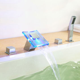 Contemporary Color Changing LED Hydropower Waterfall Widespread Tub Faucet T0827FW Contemporary Color Changing LED Hydropower Waterfall Widespread Tub Faucet T0827FW