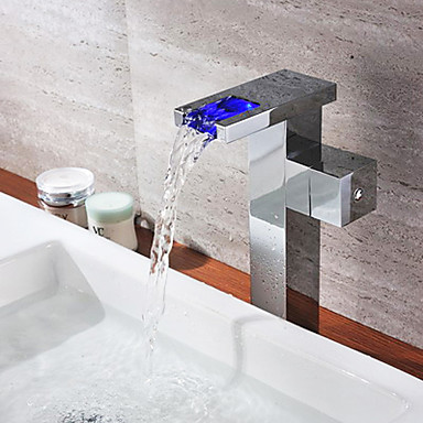 Chrome Finish Single Handle Color Changing LED Waterfall Bathroom Sink Faucet Tall T0828HF Chrome Finish Single Handle Color Changing LED Waterfall Bathroom Sink Faucet Tall T0828HF