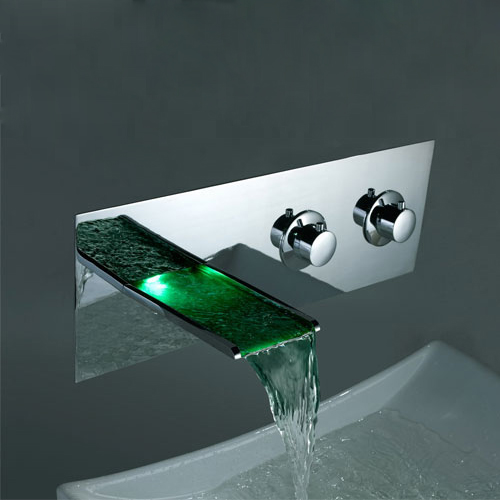 Contemporary Color Changing LED Two Handles Waterfall Widespread Bathroom Sink Faucet - T8001F Contemporary Color Changing LED Two Handles Waterfall Widespread Bathroom Sink Faucet - T8001F