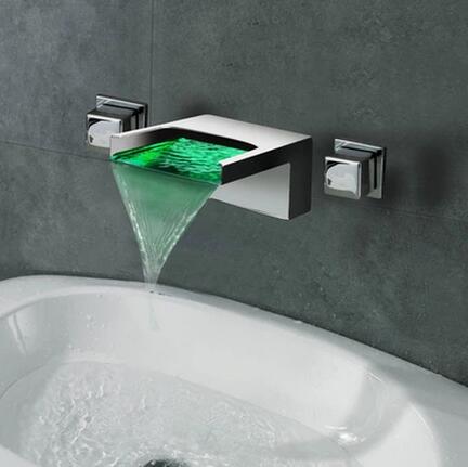 Contemporary LED Waterfall Two Handles Wall Mounted Bathroom Sink Faucet T1245 Contemporary LED Waterfall Two Handles Wall Mounted Bathroom Sink Faucet T1245
