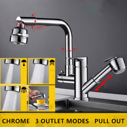 Brass Chrome Finished 3 Outlet Modes Pull Out Rotatable Kitchen Sink Faucet TC0199 Brass Chrome Finished 3 Outlet Modes Pull Out Rotatable Kitchen Sink Faucet TC0199