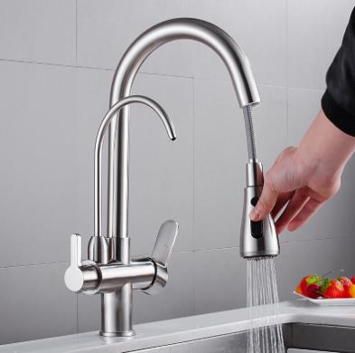 Nickel Brushed Brass Mixer Three Way Drinking Water Pull Out Kitchen Sink Faucet TF0105 Nickel Brushed Brass Mixer Three Way Drinking Water Pull Out Kitchen Sink Faucet TF0105