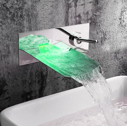 Chrome Finish Color Changing LED Waterfall Wall Mount Bathroom Sink Faucet TF0500B Chrome Finish Color Changing LED Waterfall Wall Mount Bathroom Sink Faucet TF0500B