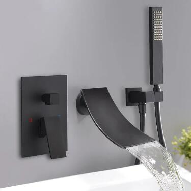 Modern in Matte Black Waterfall Wall-Mount Bath Filler Mixer Faucet & Hand Shower TF680B Modern in Matte Black Waterfall Wall-Mount Bath Filler Mixer Faucet & Hand Shower TF680B