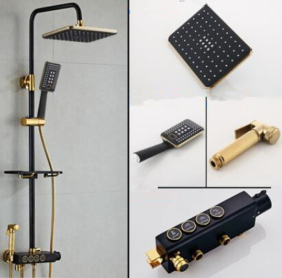 Thermostatic Square Black & Gold Bronze Brass 4 Gear Mixer Rainfall Shower Faucet TFB588G Thermostatic Square Black & Gold Bronze Brass 4 Gear Mixer Rainfall Shower Faucet TFB588G
