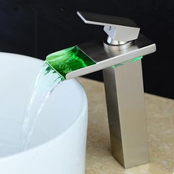 Brass Nickel Brushed Waterfall Bathroom Mixer LED Color Changing Sink Faucet TN288L Brass Nickel Brushed Waterfall Bathroom Mixer LED Color Changing Sink Faucet TN288L