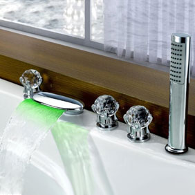 Contemporary Color Changing LED Glass Handles Tub Waterfall Faucet with Hand Shower T6016 Contemporary Color Changing LED Glass Handles Tub Waterfall Faucet with Hand Shower T6016
